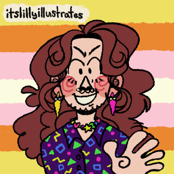 androgynous person in colorful clothes waving in front of pangender pride flag