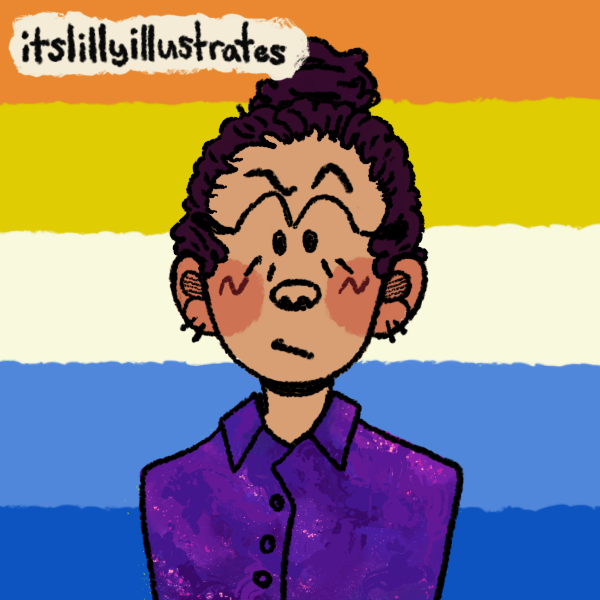 skeptical nonbinary person with hair in a bun in front of aroace pride flag