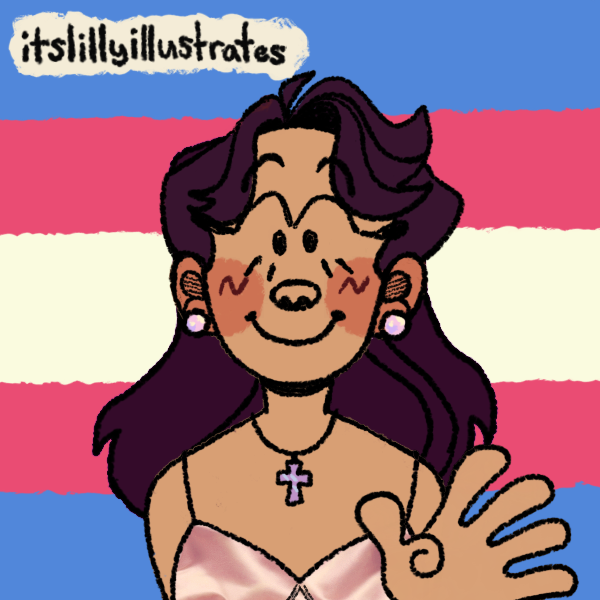 long-haired woman in dress in front of transgender pride flag