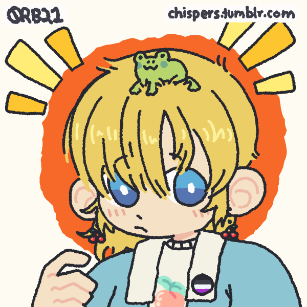 blonde girl in fruit themed clothing with a frog on head