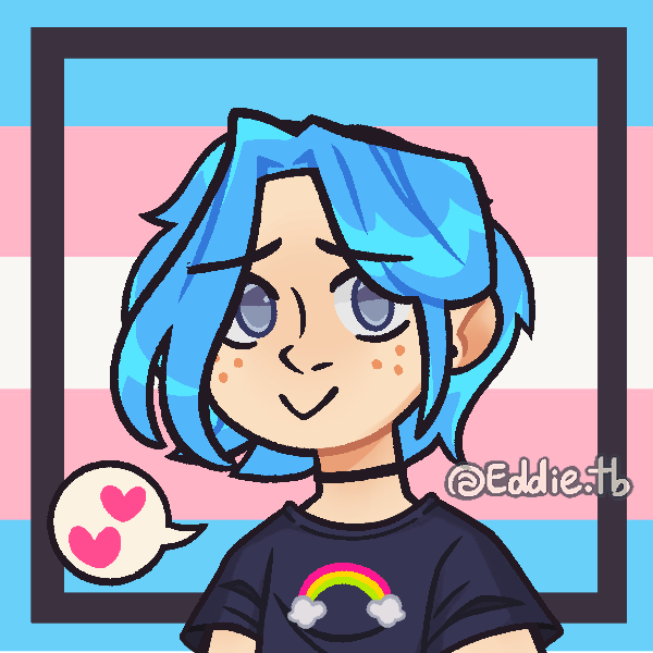 blue-haired girl smiling in front of transgender pride flag