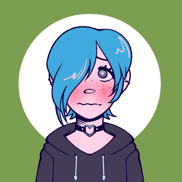 nervous blushing blue-haired girl in hoodie