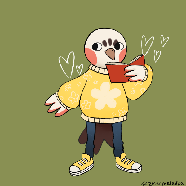 anthro dove in sweater holding a book