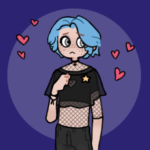 nervous blue-haired girl in mesh top surrounded by hearts