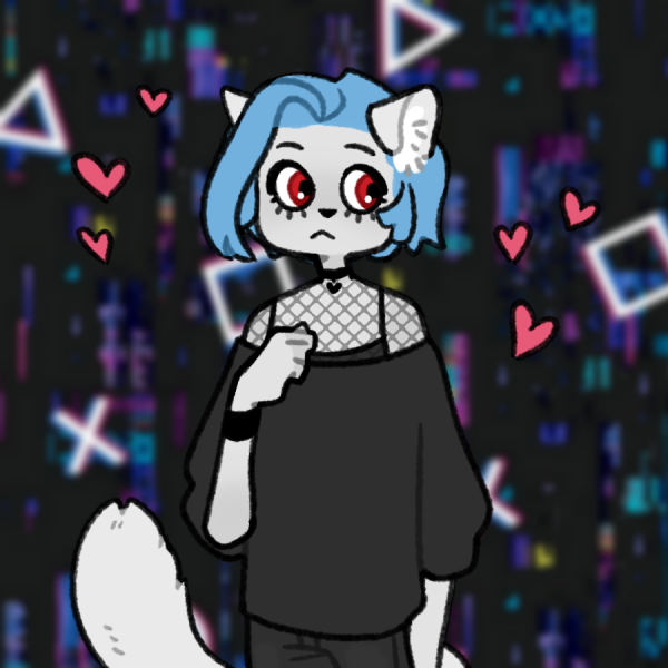 white antrho cat with a fishnet top and blue hair