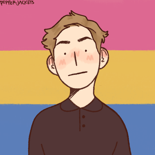 stoic man with short hair in front of pansexual pride flag