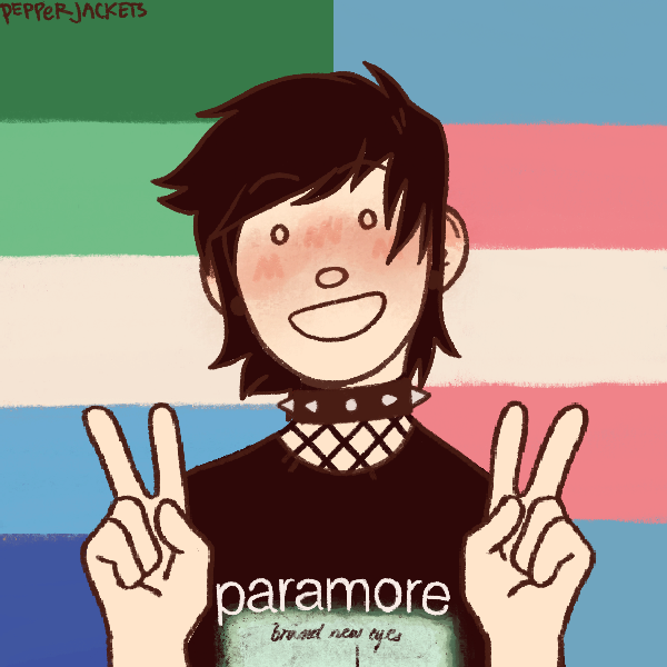 emo boy wearing paramore shirt in front of gay male and transgender pride flags