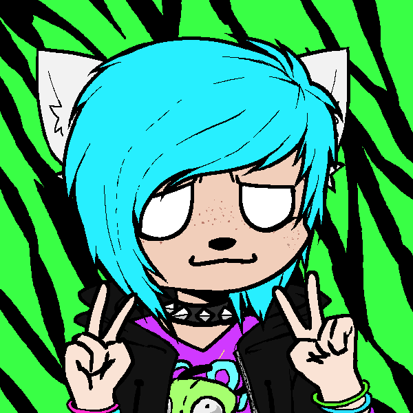 blue-haired girl with cat ears in neon clothing holding up peace signs