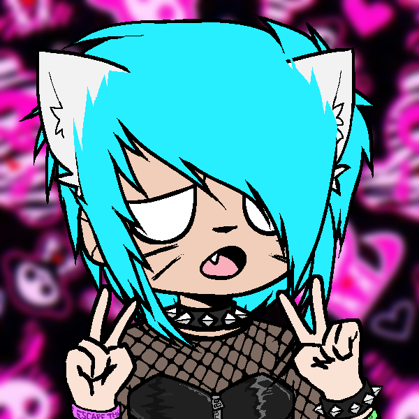 blue-haired cat girl in mesh top