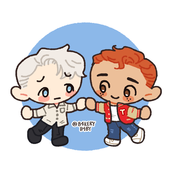 nervous blonde boy and smiling freckled boy in letterman jacket holding hands
