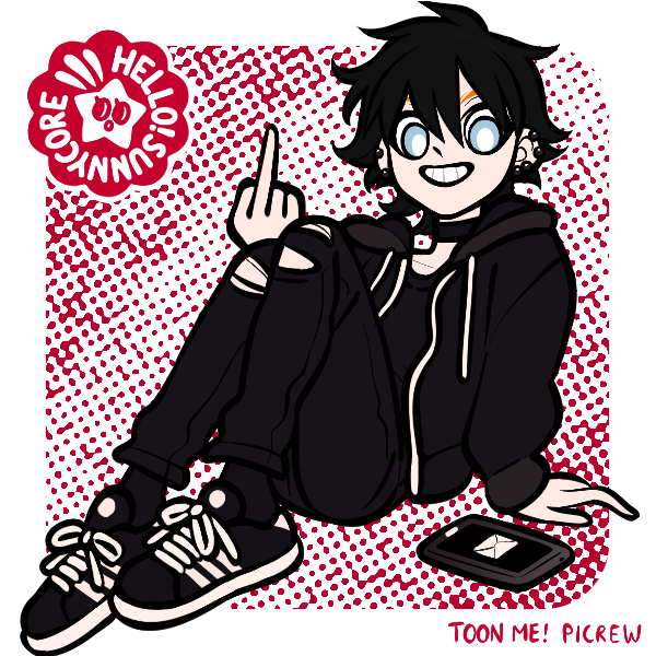 emo boy in all black with middle finger up