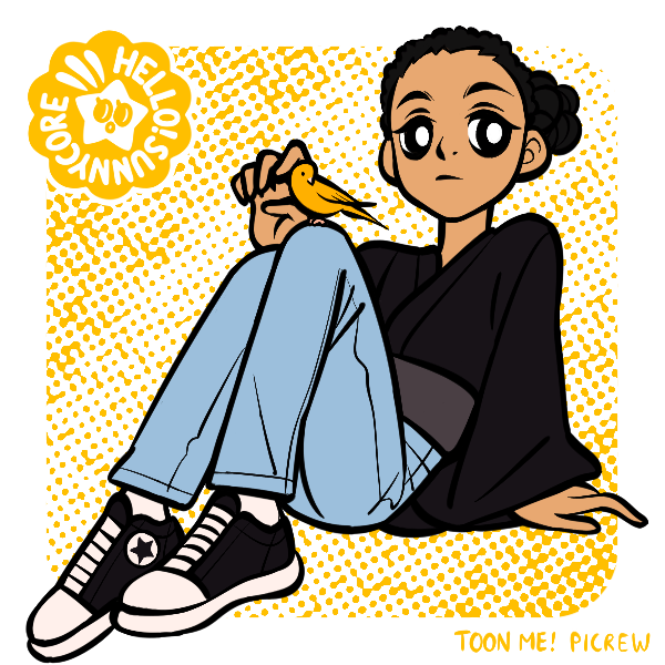 masculine nonbinary person in flowy clothes with canary on knee