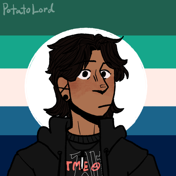 boy with flat expression wearing all black standing in front of gay male pride flag