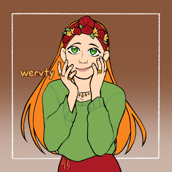 hippie woman with longe orange hair holding face and smiling