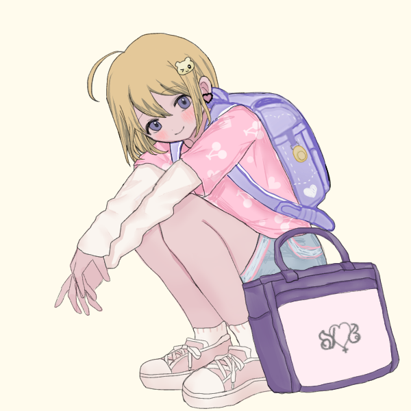 blonde kneeling girl in pastel clothes wearing backpack