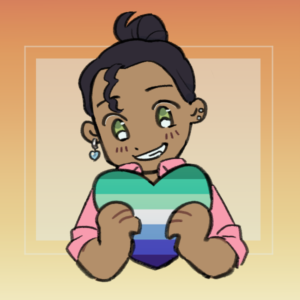 smiling man with hair in bun and green eyes holding gay male pride heart