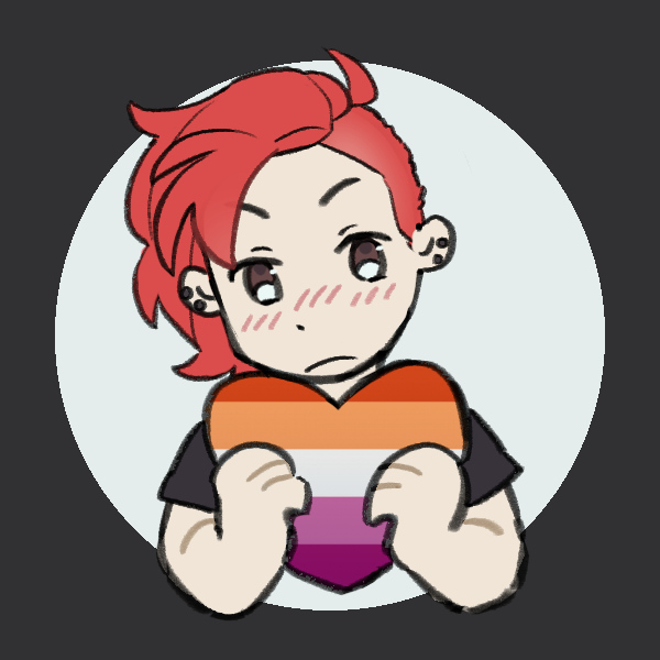 irritated girl with half-shaved head holding lesbian pride heart