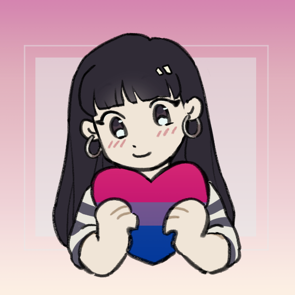 long-haired woman holding heart with bisexual flag