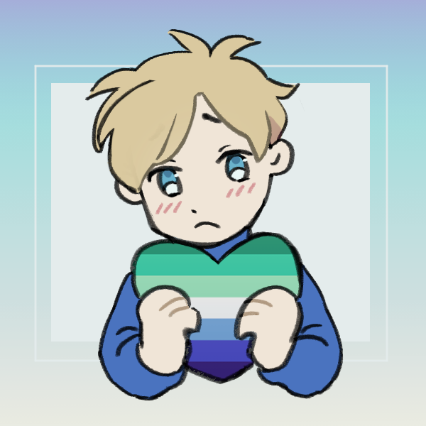 nervous blonde man holding heart with gay flag