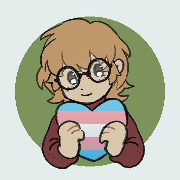 geeky-looking boy holding heart with trans flag