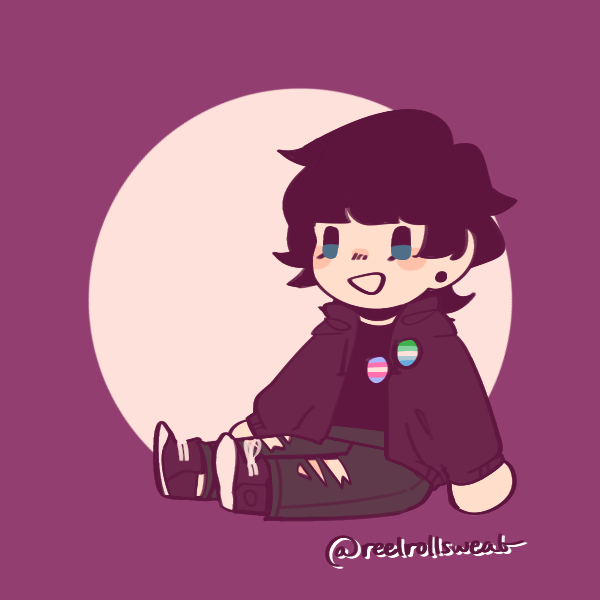 sitting emo boy in all black wearing trans and gay male pride pins