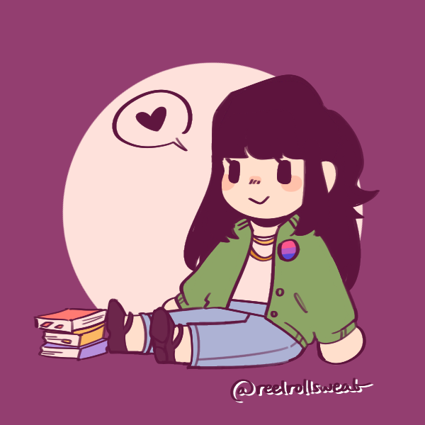 long-haired woman wearing bisexual pride pin sitting next to pile of books
