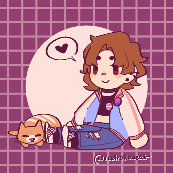 girl with ripped jeans wearing bisexual and trans pride pins sitting next to cat
