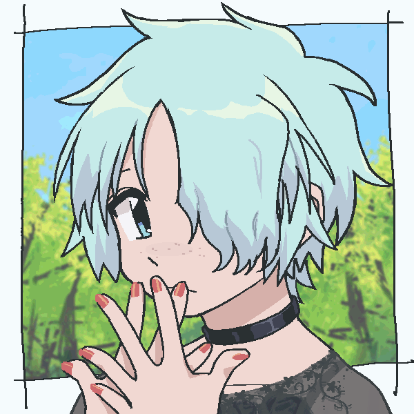 blue-haired girl with painted nails and a choker in front of a forest