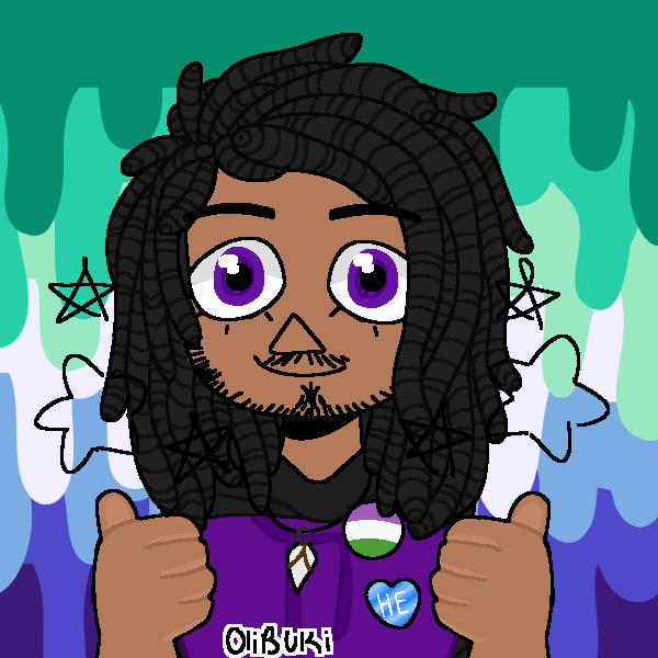 guy with rope braids holding thumbs up in front of drippy gay male pride flag