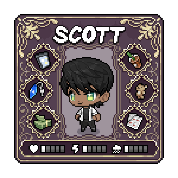 pixel character sheet of green-eyed boy with inventory