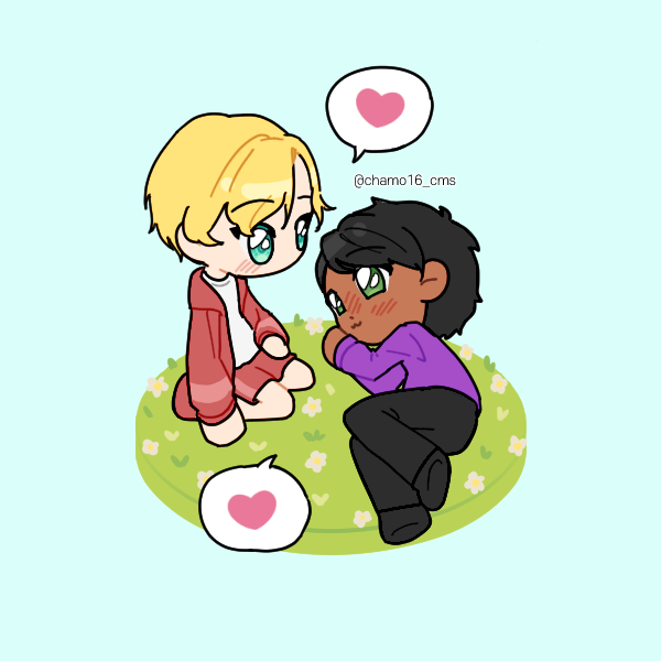 two boys lying together in field with heart speech bubbles