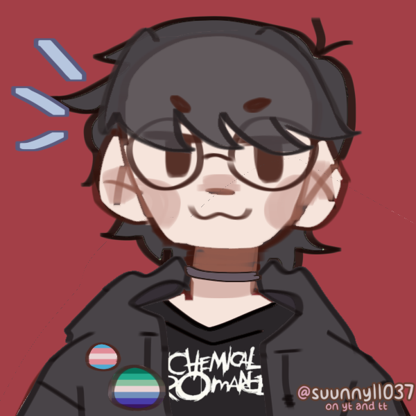 emo boy wearing my gay and trans pride pins