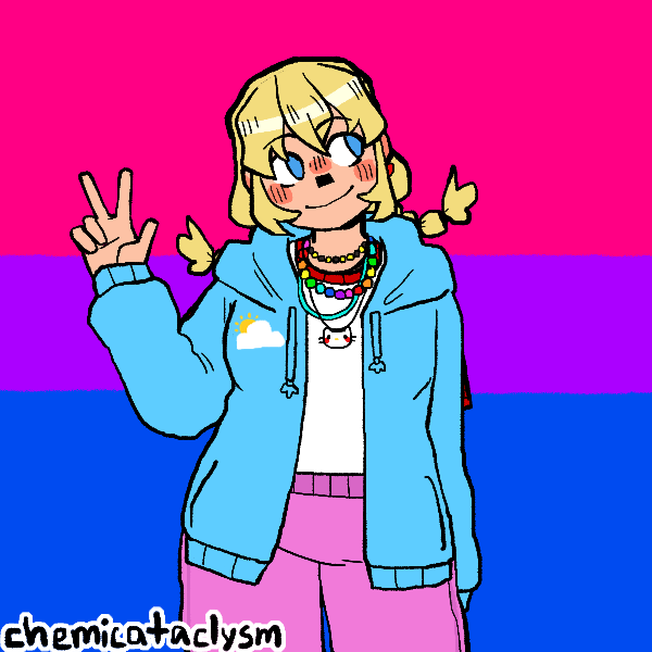 blonde girl with pigtail braids wearing beaded accessories and colorful clothes in front of bisexual pride flag