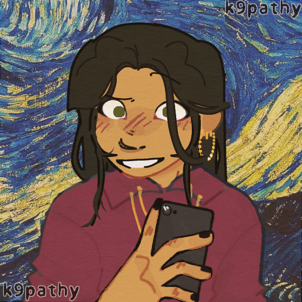 cocky long-haired boy holding phone in front of starry night painting