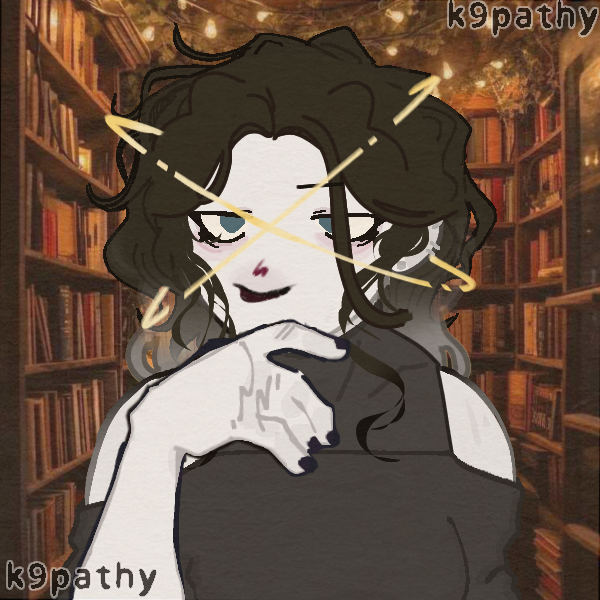 deadpan white-skinned humanoid with shaggy black hair and two halos circling head