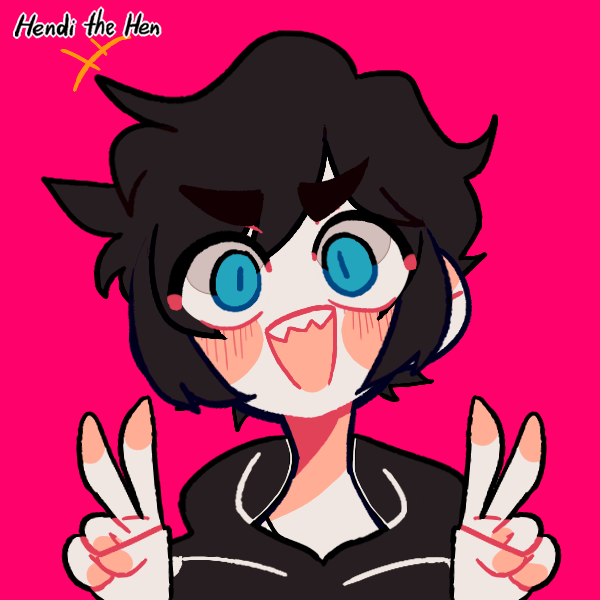 emo boy in all black open-mouth smiling and holding up peace signs