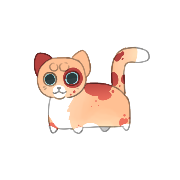 loaf-like tan cat with reddish pink spots and big eyes