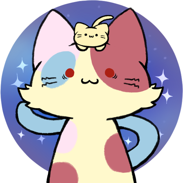 pale cat with multi-colored splotches all over body and a smaller cat on top