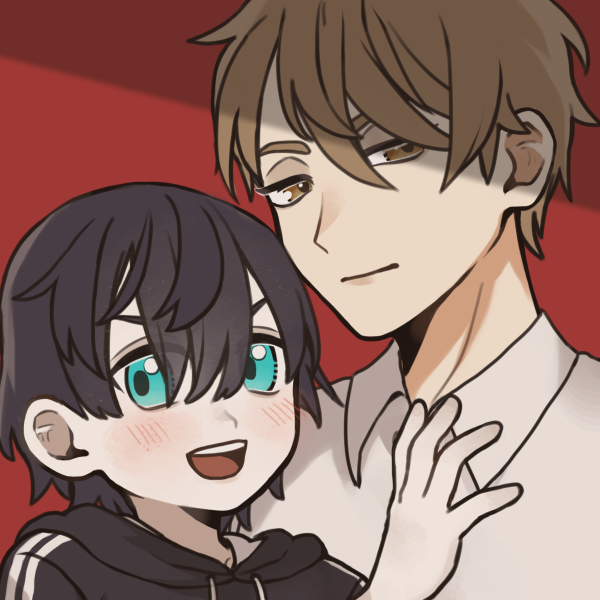 smiling short emo boy next to taller serious boy