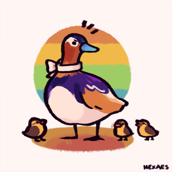 colorful duck with a bow around neck surrounded by ducklings