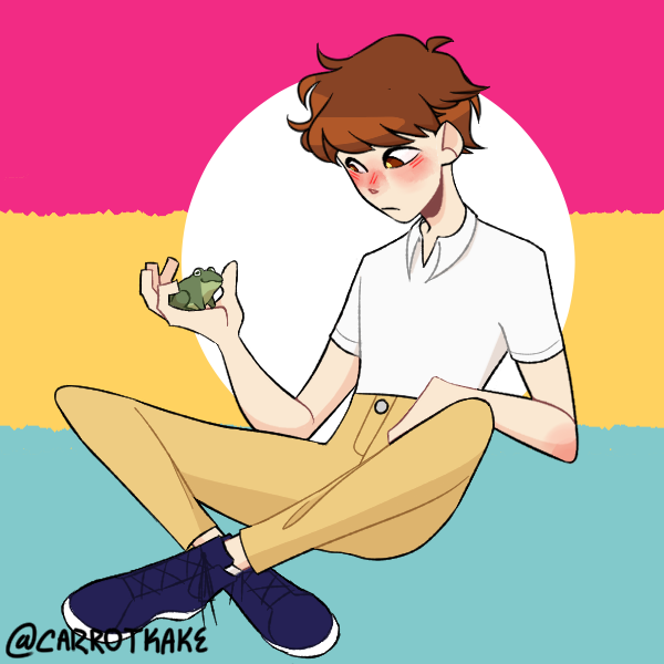 expressionless boy holding frog in palm sitting cross-legged in front of pansexual pride flag