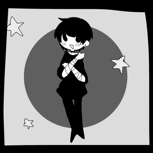 emo boy in all black standing with bandaged arms crossed over chest