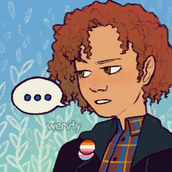disinterested butch lesbian with afro-textured hair wearing lesbian and trans pride pins