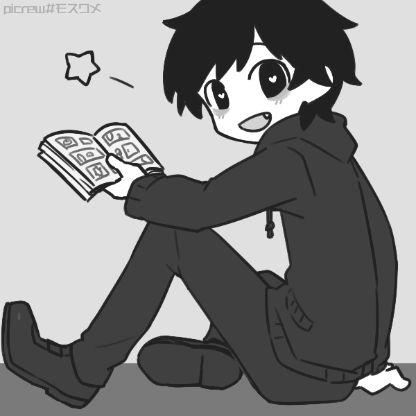 emo boy in hoodie holding comic book