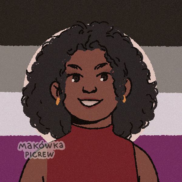 feminine boygirl with big curly hair in front of asexual pride flag