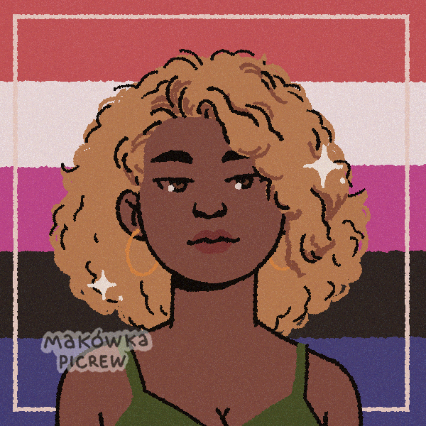 drag queen with flowing afro-textured blonde hair in front of genderfluid pride flag