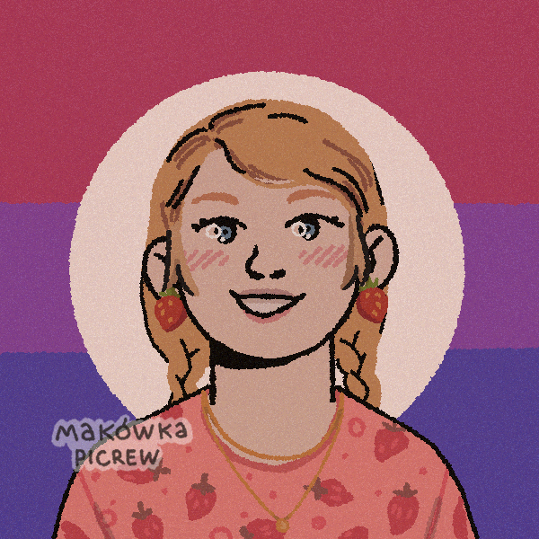smiling blonde girl with pigtail braids in front of bisexual pride flag