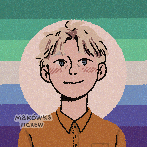 blonde-haired man in front of gay pride flag