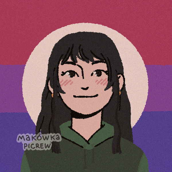 woman with straight hair standing in front of bisexual pride flag