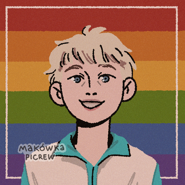 smiling man in front of rainbow pride colors